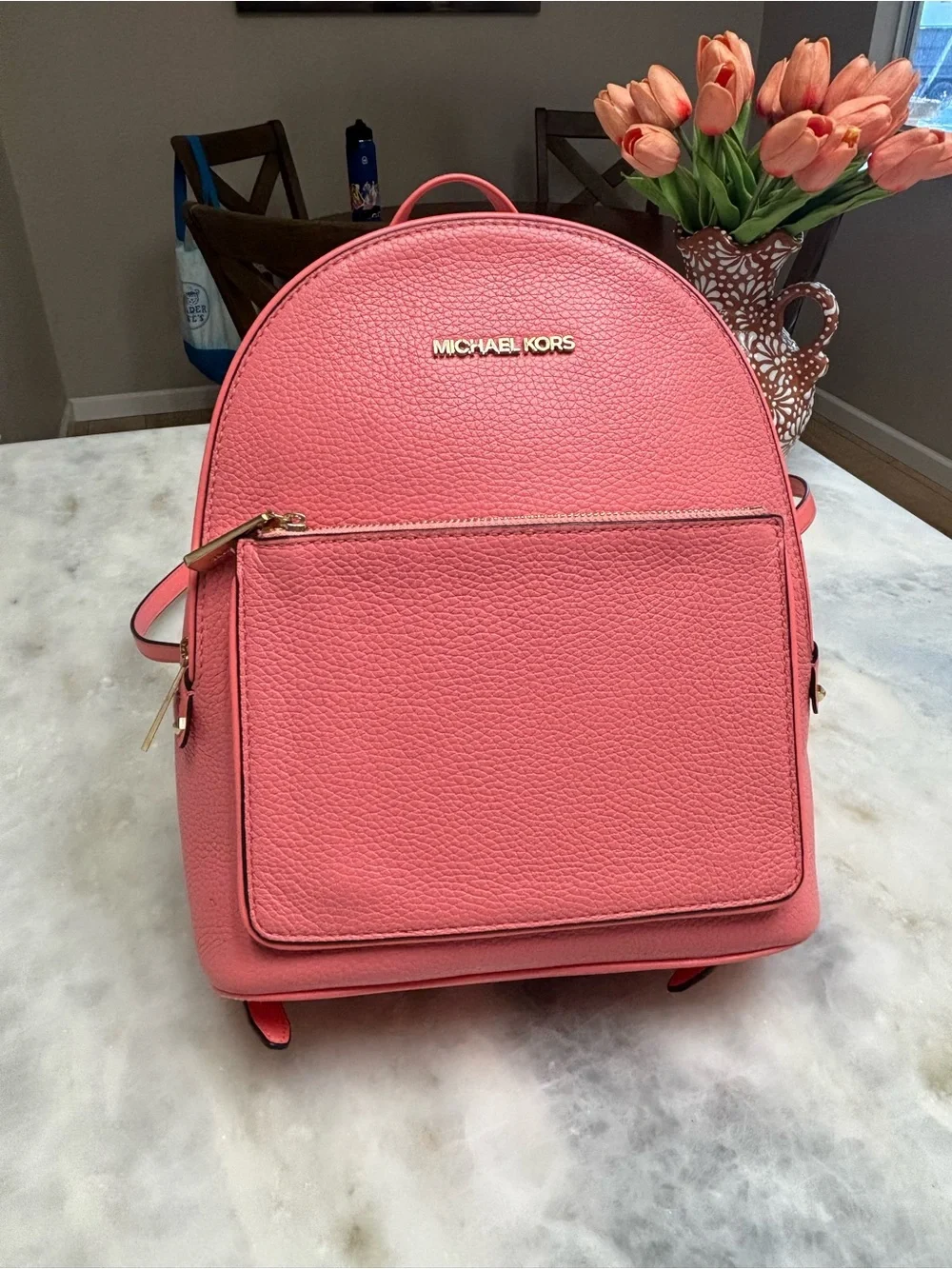 Michael Kors Jet Set Mini Backpack Pink Pebbled Saffino Leather Gold Hardware